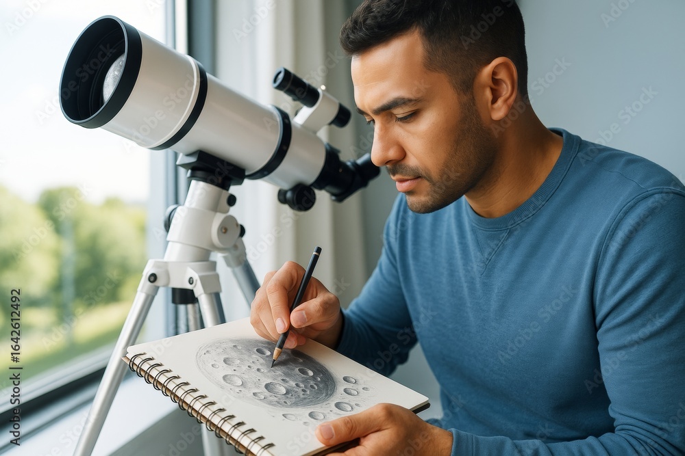 Aufkleber man sketching moon craters from telescope observation during daylight, engaging in astronomy drawing