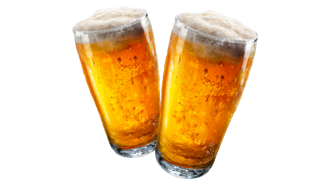 Two Frothy Beer Glasses Clinking Together with Splashes