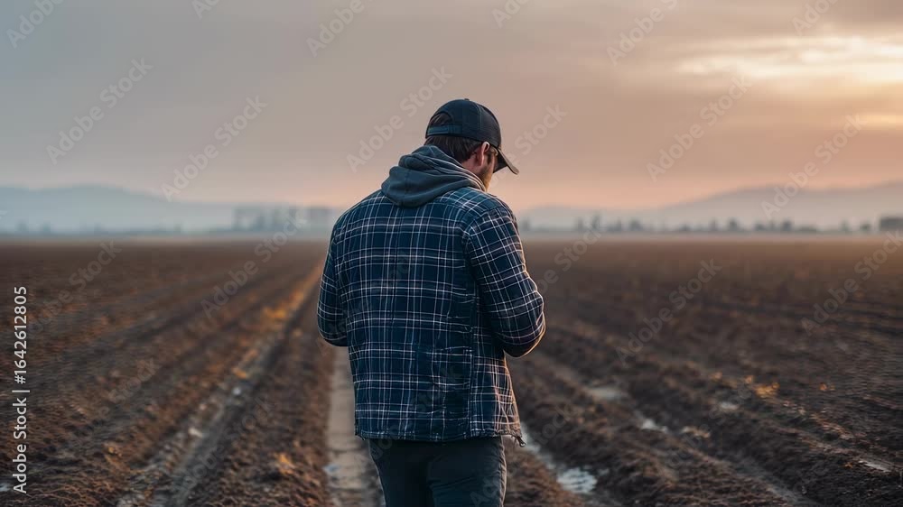 Poster farmer using handheld device to measure soil humidity while standing in expansive farmland emphasizi