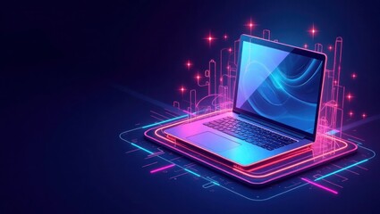 Neon Laptop Futuristic Cityscape Digital Art computer