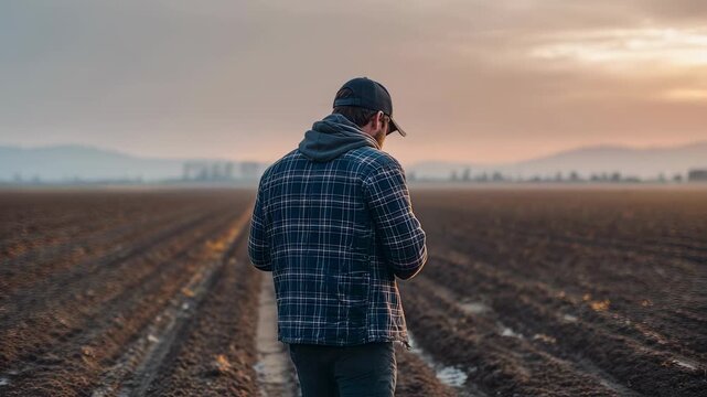 Farmer using handheld device to measure soil humidity while standing in expansive farmland emphasizing technology in modern agriculture.