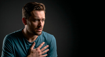 Young man suffering from chest pain while looking worried indoors