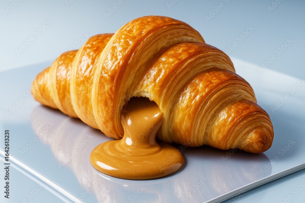 Poster buttery croissant oozing creamy caramel filling on glossy surface with soft light and minimal backgr