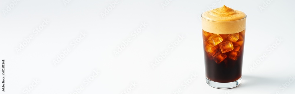 Poster cold brew coffee with frothy foam in clear glass filled with ice cubes, minimalistic layout on white