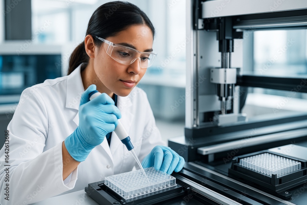 Aufkleber female scientist using pipette in modern laboratory setting with advanced equipment and light backgr