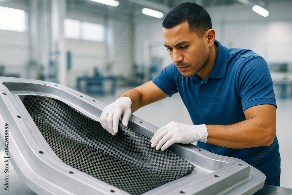 Aufkleber engineer working with carbon fiber sheet in advanced composite manufacturing facility under bright l