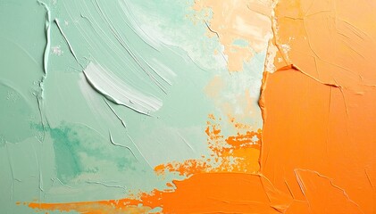 A vibrant painting featuring bold strokes of orange and lush green, blending harmoniously to create a lively, energetic atmosphere filled with warmth.