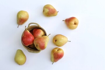Pears on a white background, fruit, top view, on the table