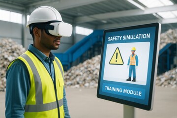 Industrial worker wearing VR headset for safety simulation training using digital module in modern warehouse background with creative setup light. Ai generative