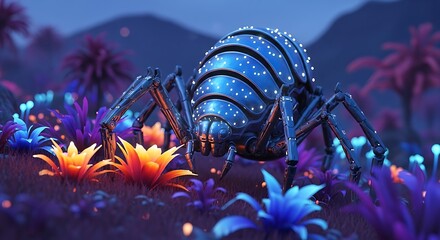 A robotic spider with a segmented blue body adorned with white lights stands in a neonlit alien jungle