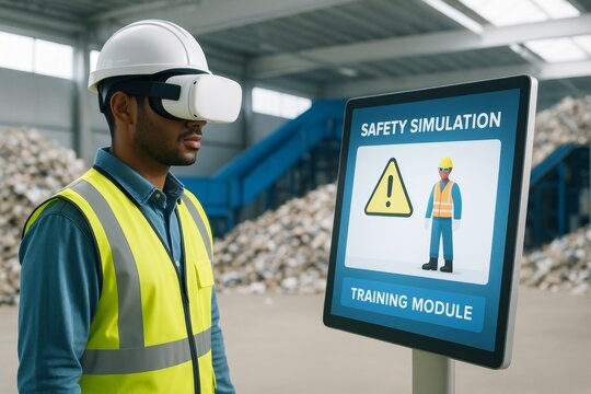 Industrial worker wearing VR headset for safety simulation training using digital module in modern warehouse background with creative setup light. Ai generative