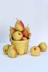 Pears in a basket on a white background, free space, still life, summer, fruit