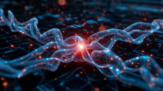 The concept of digital blockchain technology. Blockchain chains with digital networks and binary code. Smart grid connections. Blockchain technology and cybersecurity. 4k video