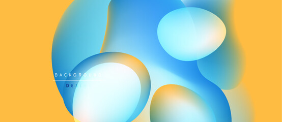 Abstract fluid shapes overlap, creating vibrant color blends. Yellow background complements blue, turquoise hues. Modern design element.