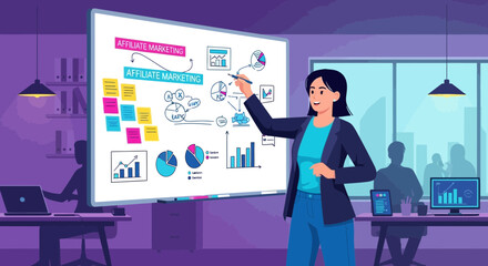 Woman Explaining Affiliate Marketing Strategies with Data Visualization on Whiteboard