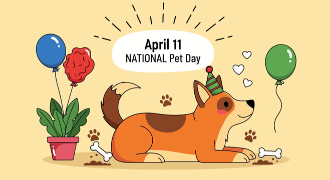 Vector art of happy national pet day on april 11th, celebrated with a cute dog wearing a party hat, balloons, and bones, symbolizing the joy and companionship pets bring into our lives - Powered by Adobe