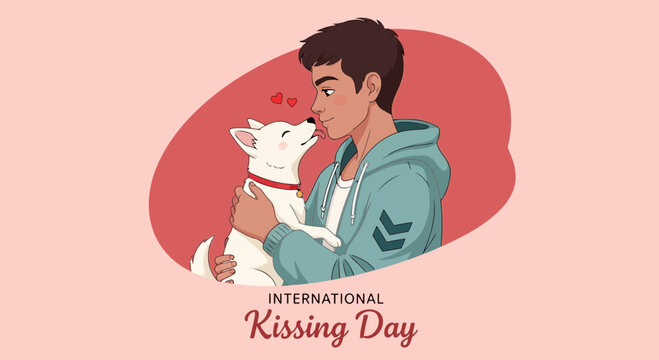 Vector art of international kissing day illustration showing a man affectionately kissing his white dog, celebrating the bond between humans and pets - Powered by Adobe