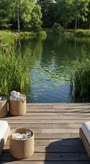Fototapeta premium Tranquil pond view from wooden deck with towels in baskets and lush green trees in the background