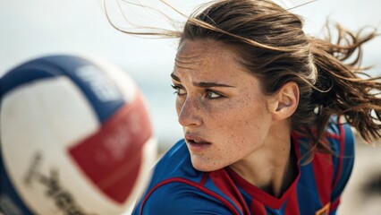 Focused female athlete with freckles playing volleyball on a sunny beach