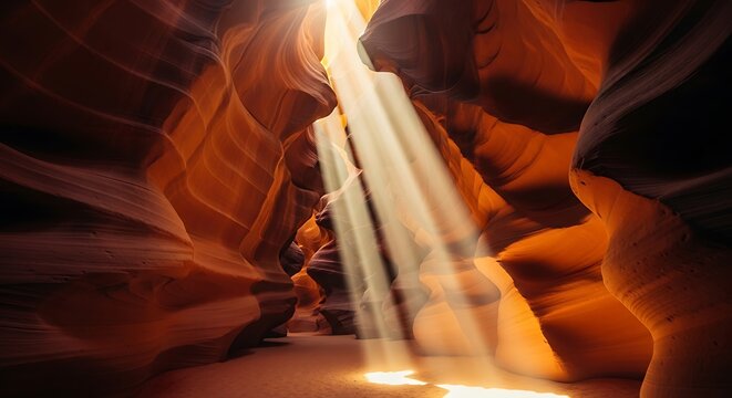 Antelope Canyon Arizona with sunbeams illuminating the slot canyon walls