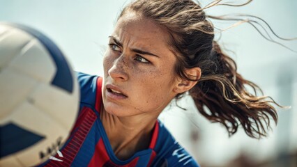 Focused female soccer player with freckles and windblown hair intently watching the ball