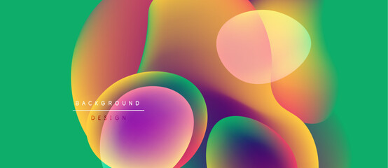 Abstract colorful shapes overlap, creating vibrant gradients. Green background provides contrast. Design elements suggest fluidity, modern aesthetic.