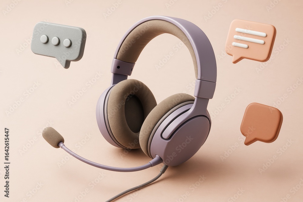 Poster modern headset with microphone surrounded by 3d speech bubbles on soft beige background, symbolizing