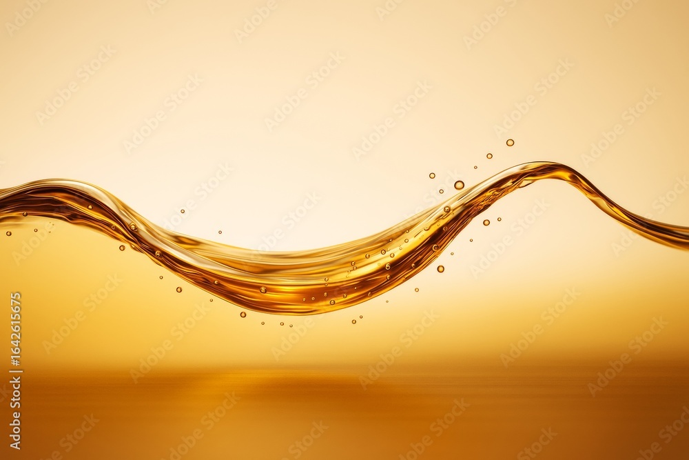Poster golden liquid wave flowing in smooth curve with bubbles on warm amber background, abstract fluid mot