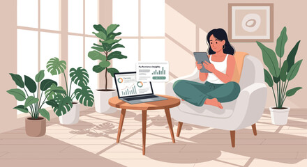 Digital lifestyle: Woman enjoys her tablet and laptop in an indoor garden