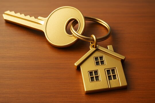 Golden house-shaped keychain with a key lying on wooden surface, symbolizing home ownership, success, and real estate investment. - Powered by Adobe