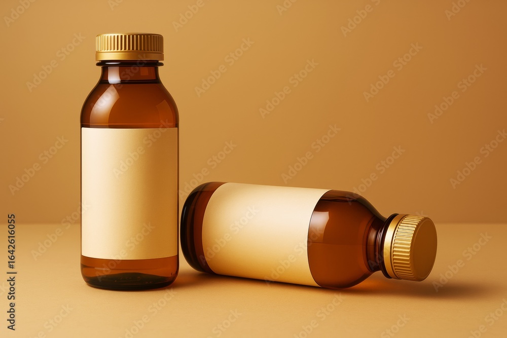 Aufkleber amber glass bottles with blank labels on minimal brown background for branding and product design mo