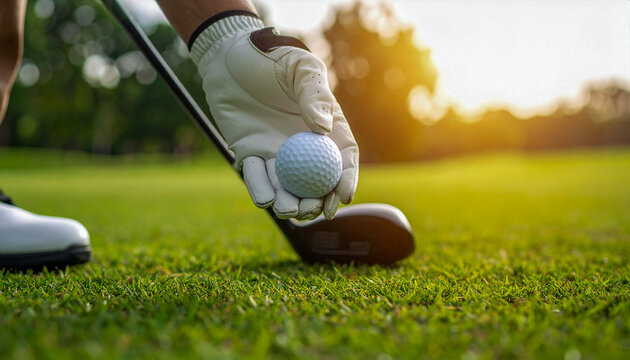 Closeup of a golfer preparing for a shot, hand in glove holding the ball Ai Background