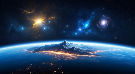 Fototapeta premium Earth from space showing mountain range with city lights below and galaxy above
