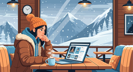 Digital Nomad Woman Working Remotely from Cozy Cabin Amidst Winter Scenery