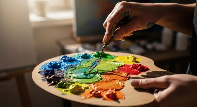 Artist's hands mixing vibrant oil paints on a wooden palette with a palette knife, preparing to paint in a sunlit studio.