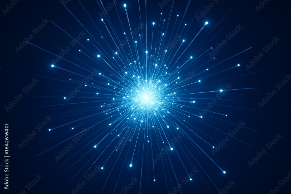 Poster abstract radial burst of glowing blue light beams forming a dynamic starburst pattern on a dark back