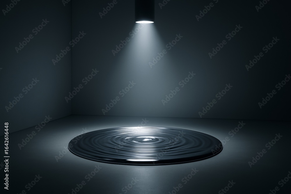 Poster abstract black liquid ripple circle under spotlight in dark minimal room, futuristic surreal backgro