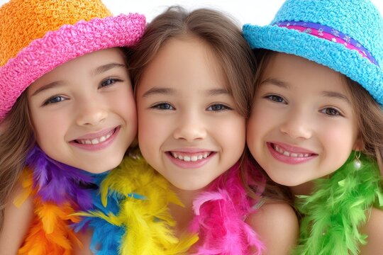 three happy smiling girls aged between the ages of ten and twelve years old, wearing colorful feather boas around their necks with red gloves on top