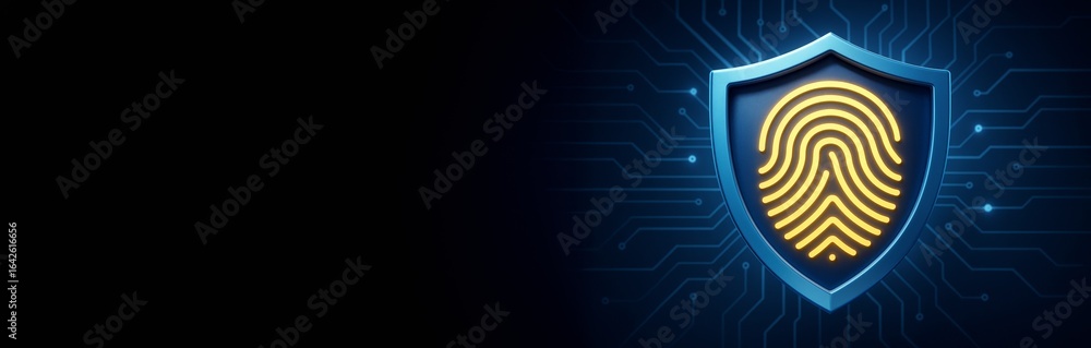 Poster digital fingerprint shield icon on dark tech background with circuit lines and empty black copyspace