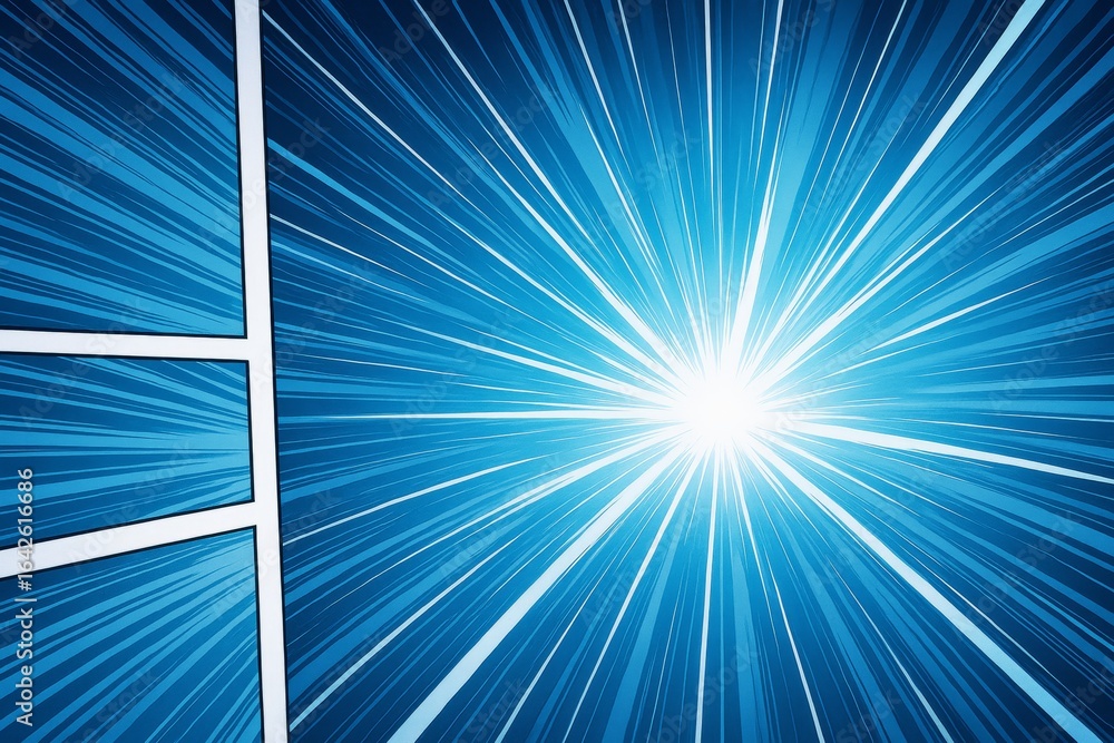 Poster comic-style blue radial light burst with speed lines and panel borders on a dynamic background showc