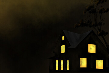 Haunted House Silhouette Against Spooky Dark Cloud Background