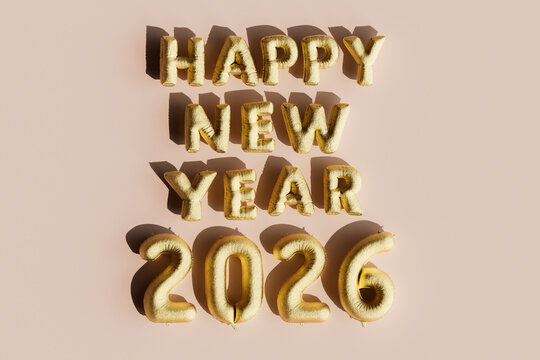  Happy New Year 2026 in Gold Balloon Text