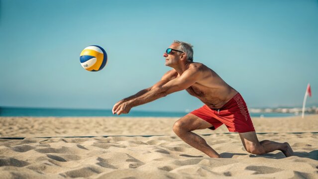 Fit older man playing beach volleyball on a sunny day with a clear blue sky