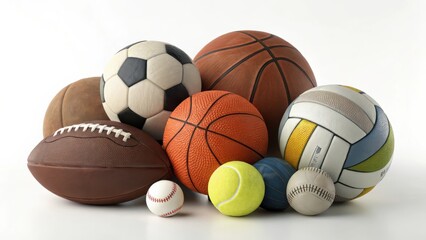Collection of various sports balls including soccer basketball football baseball tennis and volleyball
