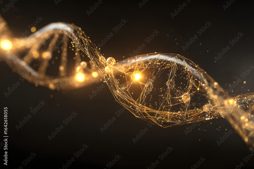 Poster golden dna double helix structure with glowing molecular sphere and abstract light lines on dark bac