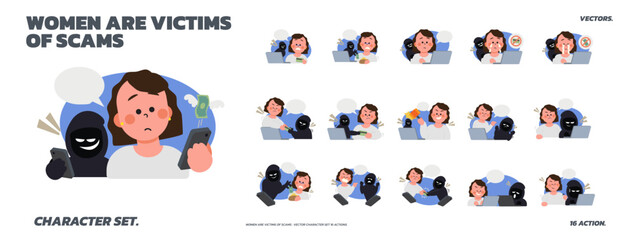 Woman Victims of Online Scams &ndash; Vector Character Set with 16 Action Scenes 01