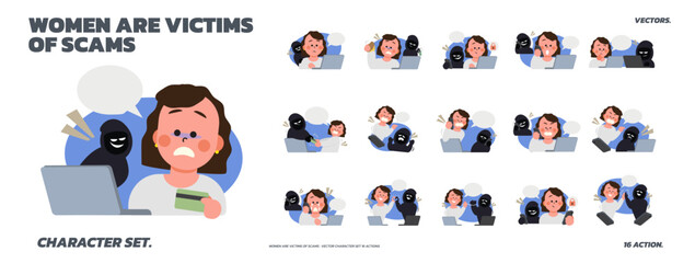 Woman Victims of Online Scams &ndash; Vector Character Set with 16 Action Scenes 02