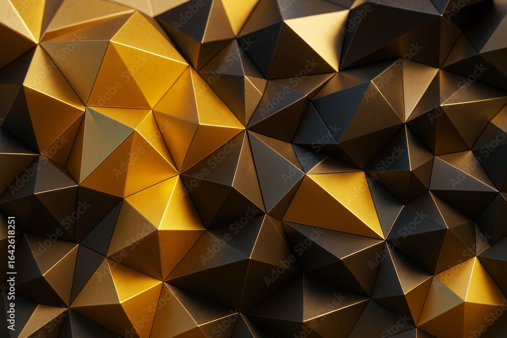 Poster abstract geometric gold and black pyramid shapes forming modern 3d background with dramatic light an