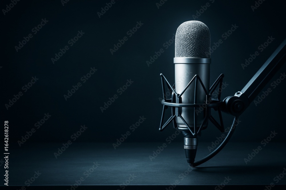 Poster professional studio microphone on boom arm with empty dark background and copyspace for sound record