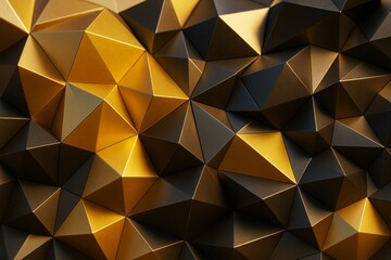 Abstract geometric gold and black pyramid shapes forming modern 3D background with dramatic light and shadow concept pattern design surface texture.